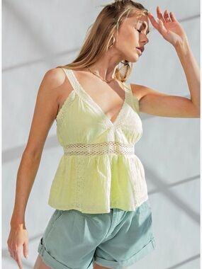 Easel  Pale Lemon Lace-Trim Peplum Camisole NWT